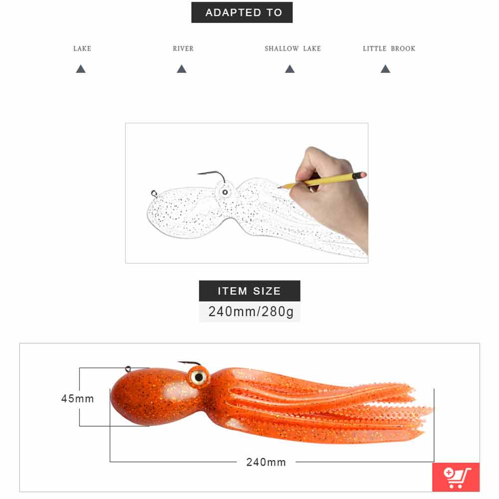 East Rain Artficial Octopus Swimbait with Skirt Tail Lingcod Rockfish Jigs for Saltwater Fishing Big Game PVC,3.54/7.87/9.45inch,0.81/6.35/9.88oz,Mulit-Colors Option